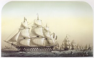 グレートベルトを航行中のフランス艦隊。旗艦Inflexibleが前景に表示され、戦隊を率いています 作： ルイ・ル・ブルトン